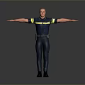 A Man In Dark Blue Uniform With Yellow Stripes Standing Full Body With Arms Outstretched