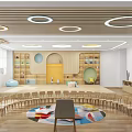 School Classroom Interior With Yellow Walls Circular Lights Large Screen Small Chairs And Colorful Carpet