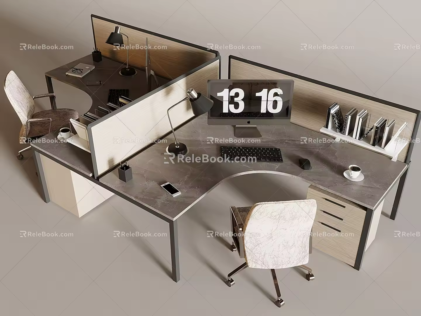 Office Desk and Chair Combination Lifting Swivel Chair Desktop Computer Mobile Phone Book Desk Lamp 3d model
