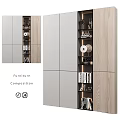 Modern Furniture Composition With Wooden Metal Shelves Glass Doors And Decorations