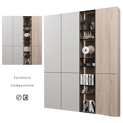 Modern Furniture Composition With Wooden Metal Shelves Glass Doors And Decorations 3d model