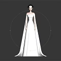3D Female Character In White Long Dress And Cloak With Dark Background Reflective Floor