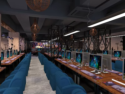 Modern Internet Cafe Featuring Gaming Computers Blue Chairs And Wooden Tables 3d model