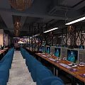 Modern Internet Cafe Featuring Gaming Computers Blue Chairs And Wooden Tables