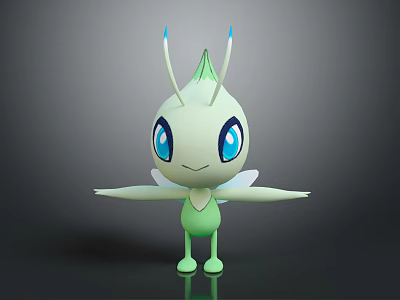 Cute Green Cartoon Style Game Movie Character With Blue Eyes Antennae And Transparent Wings 3d model