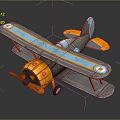 Detailed Toy Biplane 3D Model with Orange Gray Body Blue Stripes and Propeller