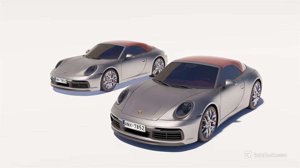 Two Silver Porsche Convertible Sports Cars With Red Tops And Different License Plates 3d model 