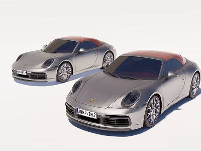 Two Silver Porsche Convertible Sports Cars With Red Tops And Different License Plates 3d model