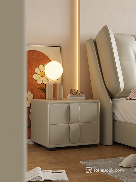 Modern Beige Nightstand With Round Lamp Books And Bedside Artwork 3d model 