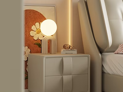 Modern Beige Nightstand With Round Lamp Books And Bedside Artwork 3d model