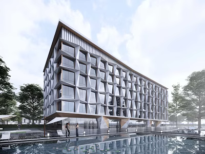 Modern Hotel Building With Geometric Glass Facade And Reflective Pool Surrounded by Trees 3d model