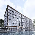 Modern Hotel Building With Geometric Glass Facade And Reflective Pool Surrounded by Trees