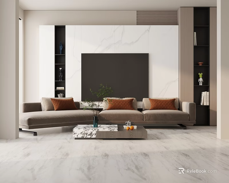 Beige Three-Seater Sofa with Brown Cushions in Modern Living Room TV Wall and Marble Floor 3d model 