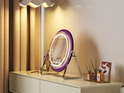 Dressing Table Featuring Purple Rimmed Round Mirror With Stand And Cosmetics Organizer Under Soft Lighting 3d model