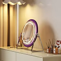 Dressing Table Featuring Purple Rimmed Round Mirror With Stand And Cosmetics Organizer Under Soft Lighting