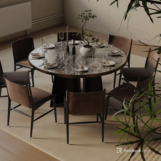 Elegant Round Dining Set with Marble Top Upholstered Chairs Tableware and Centerpiece Decoration 3d model 