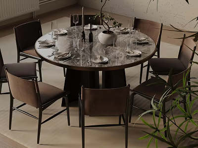 Elegant Round Dining Set with Marble Top Upholstered Chairs Tableware and Centerpiece Decoration 3d model
