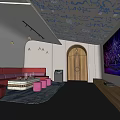 Modern KTV Room Interior With Red Sofa Large Screen And Decorative Ceiling Lighting 3d model