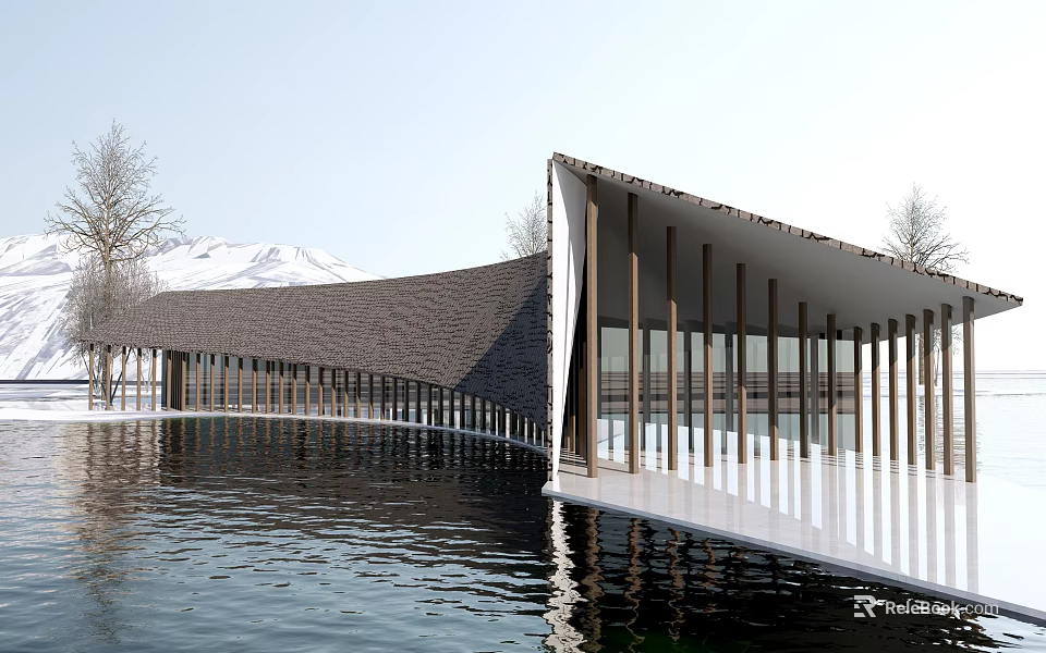 Modern Waterfront Building With Curved Roof And Columns And Snowy Water Reflection 3d model 