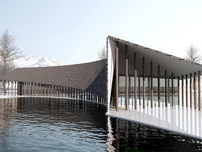 Modern Waterfront Building With Curved Roof And Columns And Snowy Water Reflection 3d model
