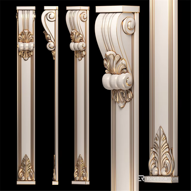 Ornate White And Gold Decorative Architectural Components With Scroll And Floral Carvings 3d model 