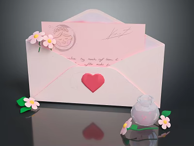 Decorative Ornament Set with Envelope Card Pink Flowers Heart and Glass Jar 3d model