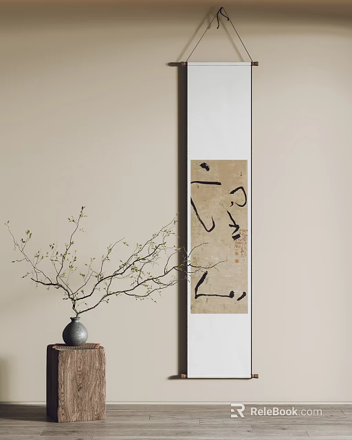 Traditional Japanese Calligraphy Scroll With Flower Branch In Ceramic Vase On Wooden Stand 3d model 
