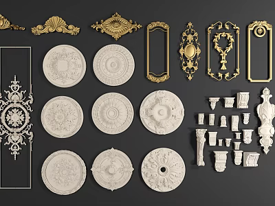 Various Ornate White And Gold Ceiling Medallions With Carved Patterns For Interior Design 3d model