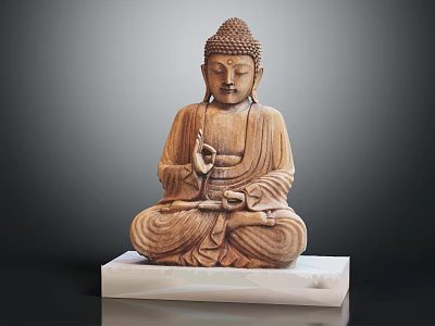 Wooden Buddha Statue In Sitting Pose On White Marble Base With Intricate Details 3d model