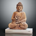 Wooden Buddha Statue In Sitting Pose On White Marble Base With Intricate Details