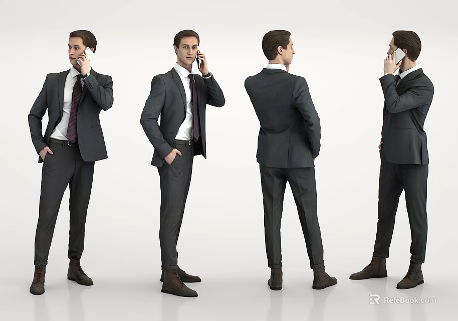 Man in Business Suit Talking on Mobile Phone from Four Different Angles 3d model 