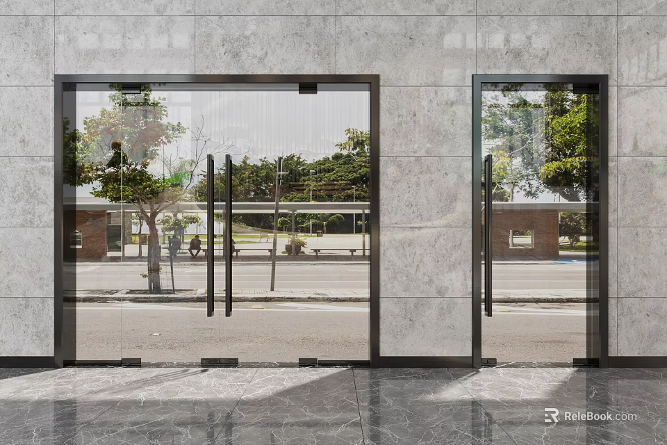 Modern Glass Doors Building Entrance With Marble Floor And Exterior Trees View 3d model 