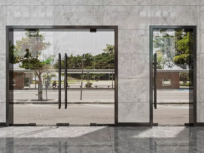 Modern Glass Doors Building Entrance With Marble Floor And Exterior Trees View 3d model