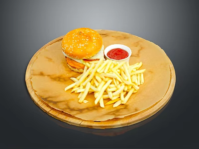 Delicious Hamburger With Fries And Ketchup Served On Round Wooden Plate 3d model