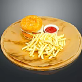 Delicious Hamburger With Fries And Ketchup Served On Round Wooden Plate