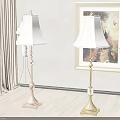 Two Floor Lamps With White Shades In Room With Curtains Painting Plant And Wooden Floor