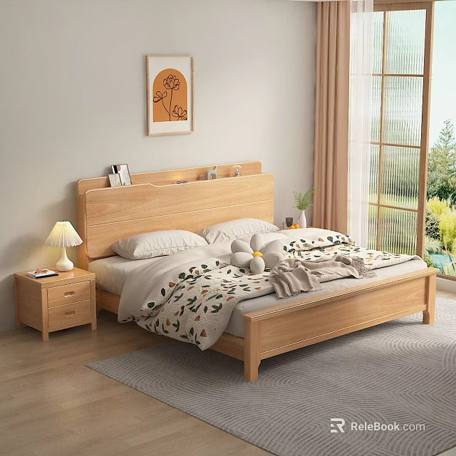 Simple Wooden Double Bed with Headboard Storage Nightstand Lamp Plant Quilt Stuffed Toys Window Greenery 3d model 