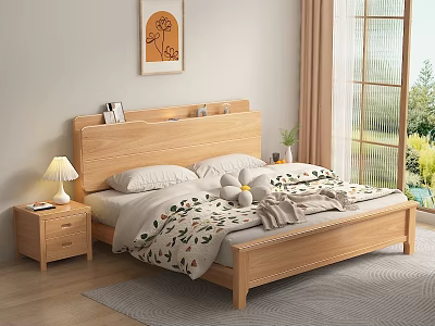 Simple Wooden Double Bed with Headboard Storage Nightstand Lamp Plant Quilt Stuffed Toys Window Greenery 3d model