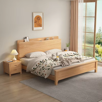 Simple Wooden Double Bed with Headboard Storage Nightstand Lamp Plant Quilt Stuffed Toys Window Greenery 3d model