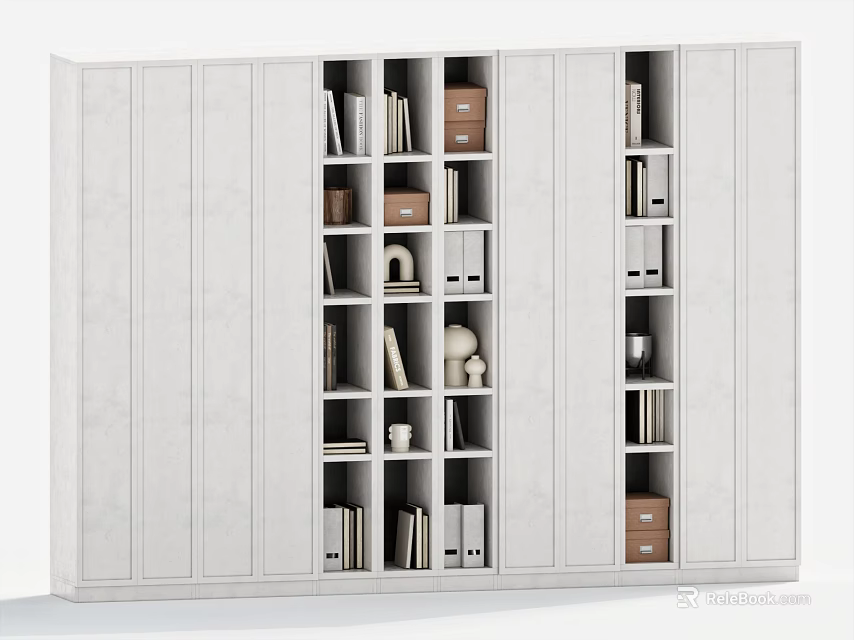 White Modern Bookcase With Multiple Compartments Books Folders And Decorative Items 3d model