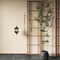 Japanese Style Bonsai Bamboo Plant With Wooden Screen And Hanging Lantern