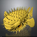Yellow Puffer Fish With Sharp Spikes And Orange Eye On Gray Background