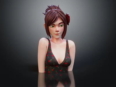 3D Female Character Model With Short Brown Hair Red Flower And Strawberry Pattern Tank Top 3d model