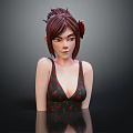 3D Female Character Model With Short Brown Hair Red Flower And Strawberry Pattern Tank Top