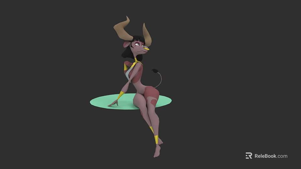Fierce Female Game Character With Horns Tail And Yellow Accessories Sitting On Green Platform 3d model 