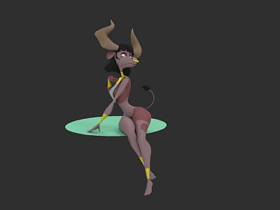 Fierce Female Game Character With Horns Tail And Yellow Accessories Sitting On Green Platform 3d model