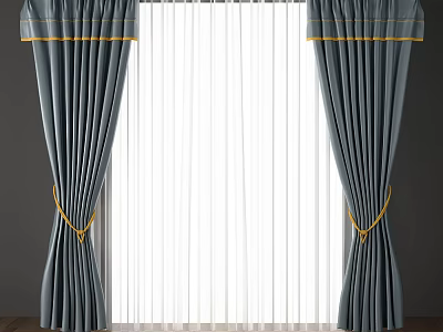 Gray Curtains With Yellow Trim And Tiebacks And White Sheer Panels 3d model