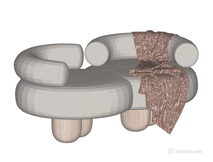 Modern Sectional Sofa With Curved Design Wooden Legs And Patterned Throw Blanket 3d model 