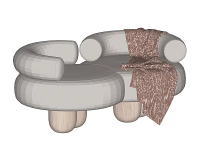 Modern Sectional Sofa With Curved Design Wooden Legs And Patterned Throw Blanket 3d model