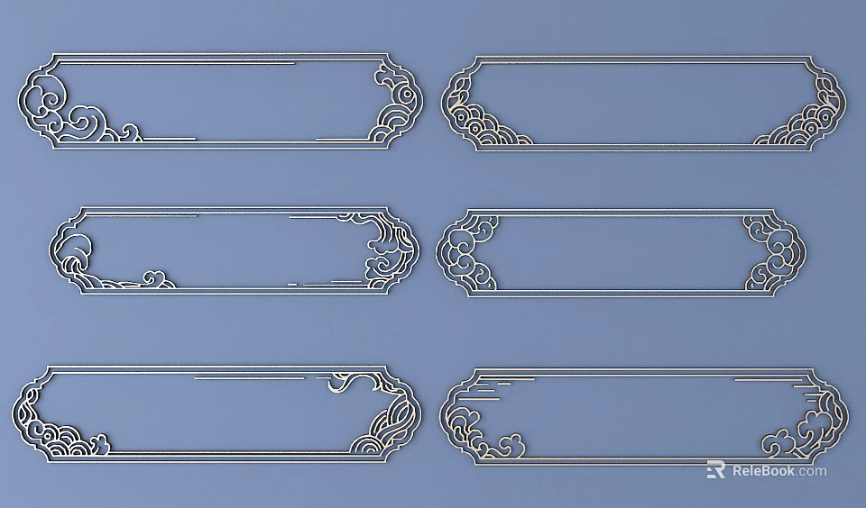 Elegant Traditional Carved Decorative Strips with Intricate Patterns on Blue Background 3d model 